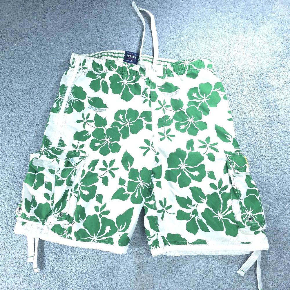 Abercrombie & Fitch Swim Trunks Mens Medium Green Floral Tugger Cargo Hawaiian
